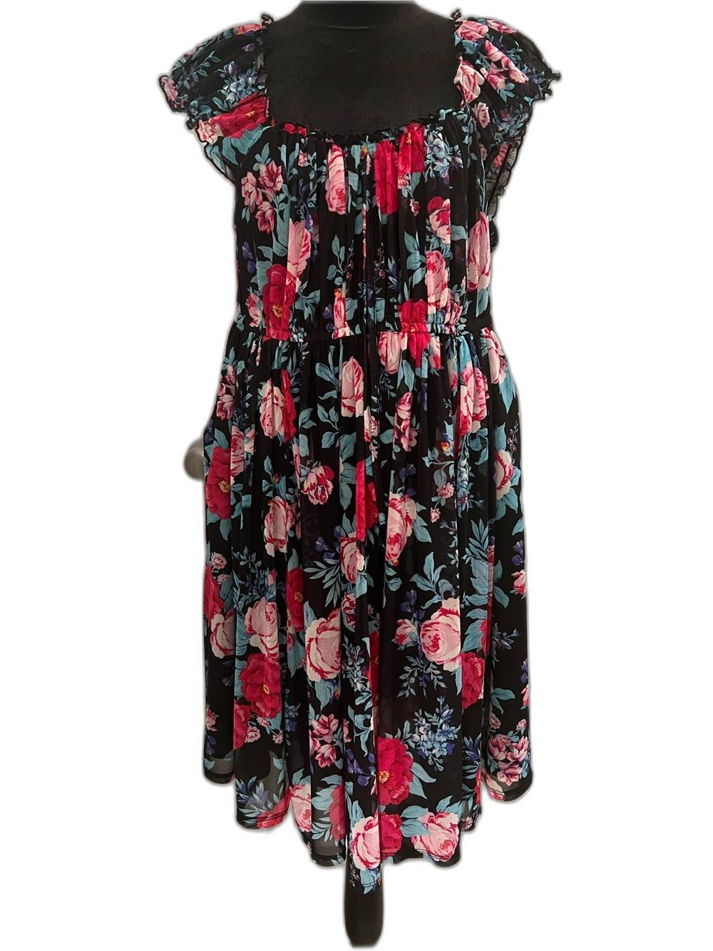Torrid 00 Black Floral Dress Pink Blue Purple Ruffle Sleeve Fit & Flare